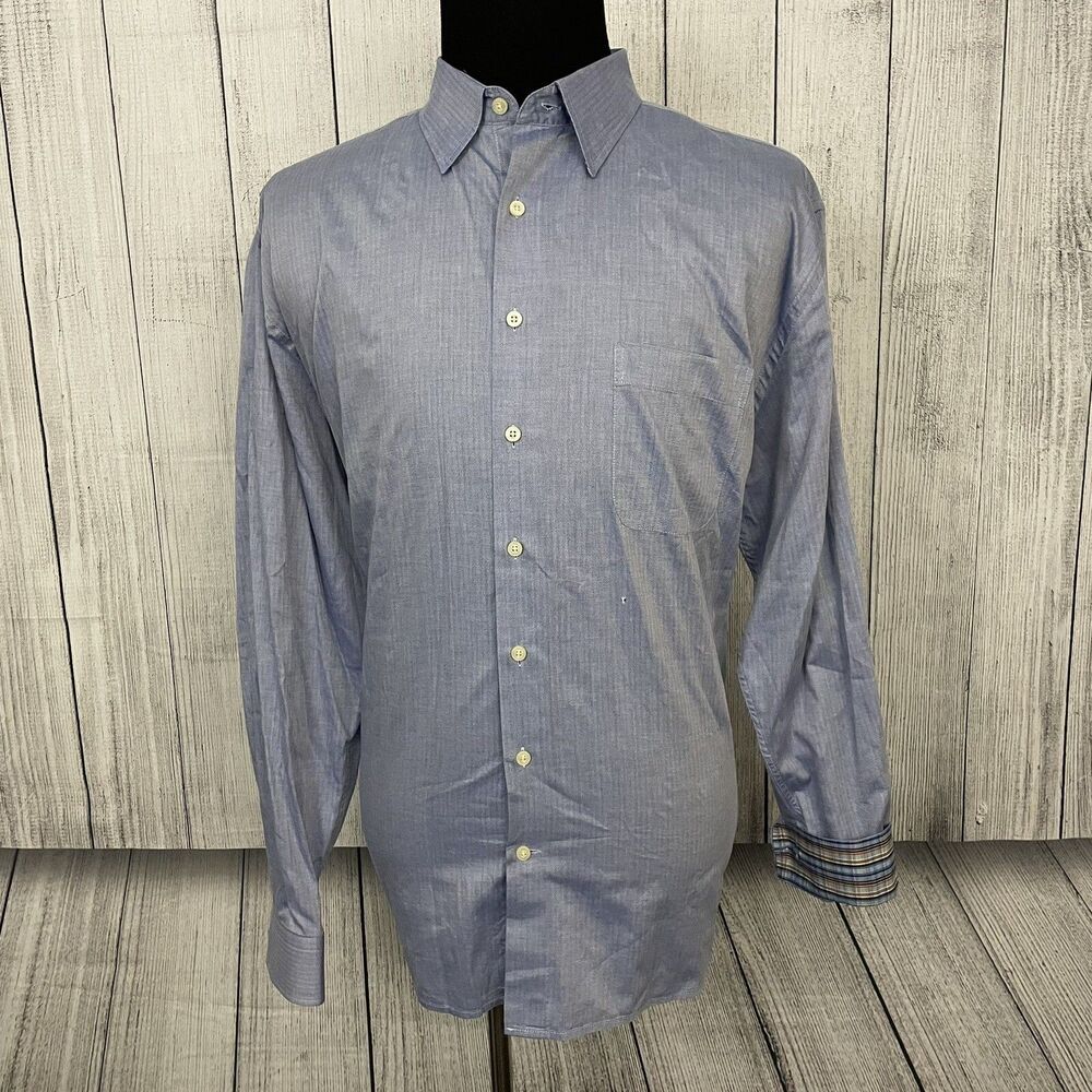 Hickey Freeman Men's XXL Blue Herringbone Long Sleeve Button-Front Shirt - Picture 2 of 8